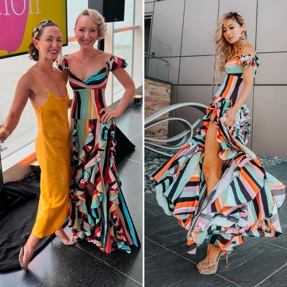 Caroline Constas Rainbow Striped Ruffle Gown Off Shoulder Size Large - Picture 4 of 16